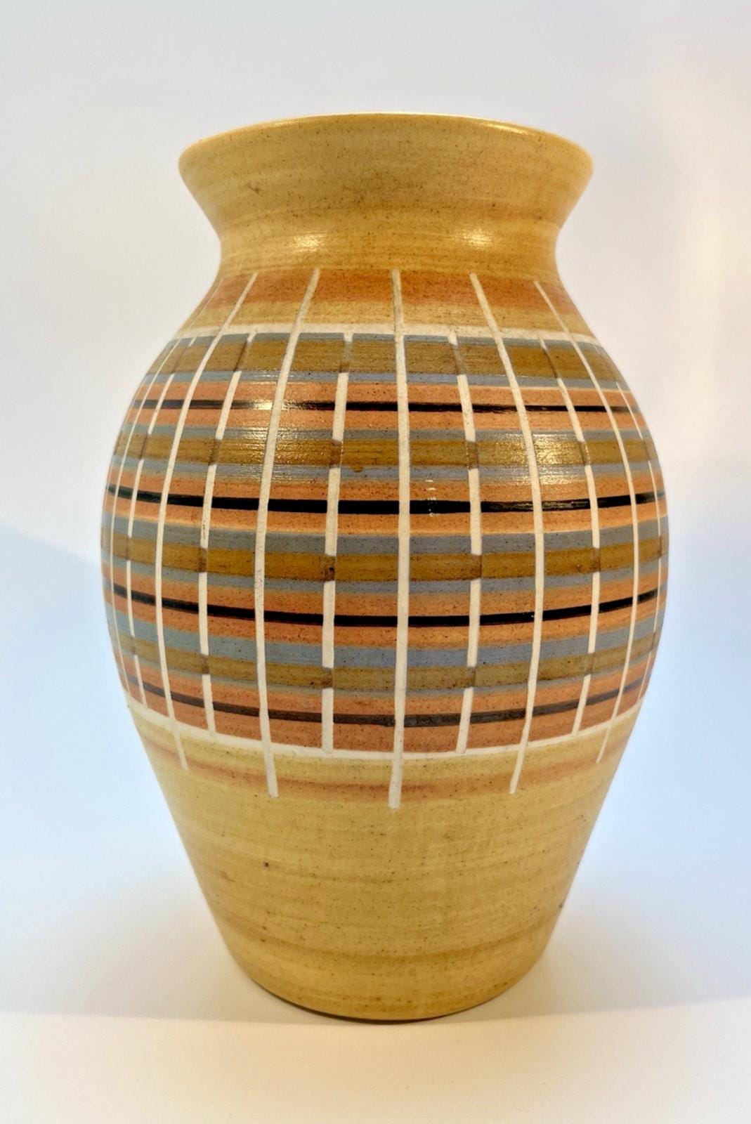Kendal Pottery Vase Beige, Lake District Pottery Brown & Salmon Vintage H23cm VGC