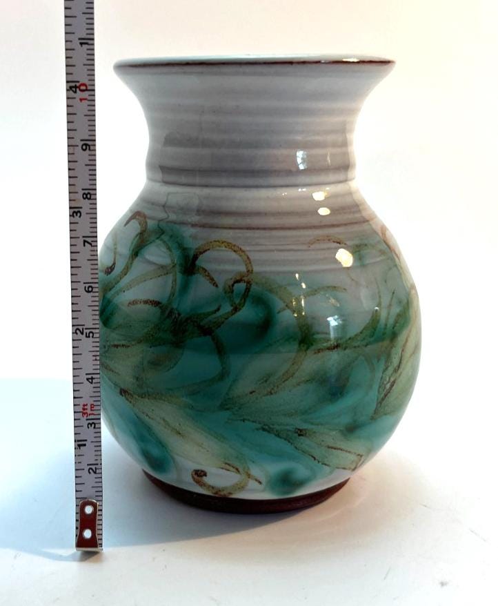 Vintage Skegness Pottery vase 10.5cm green & brown studio art hand painted