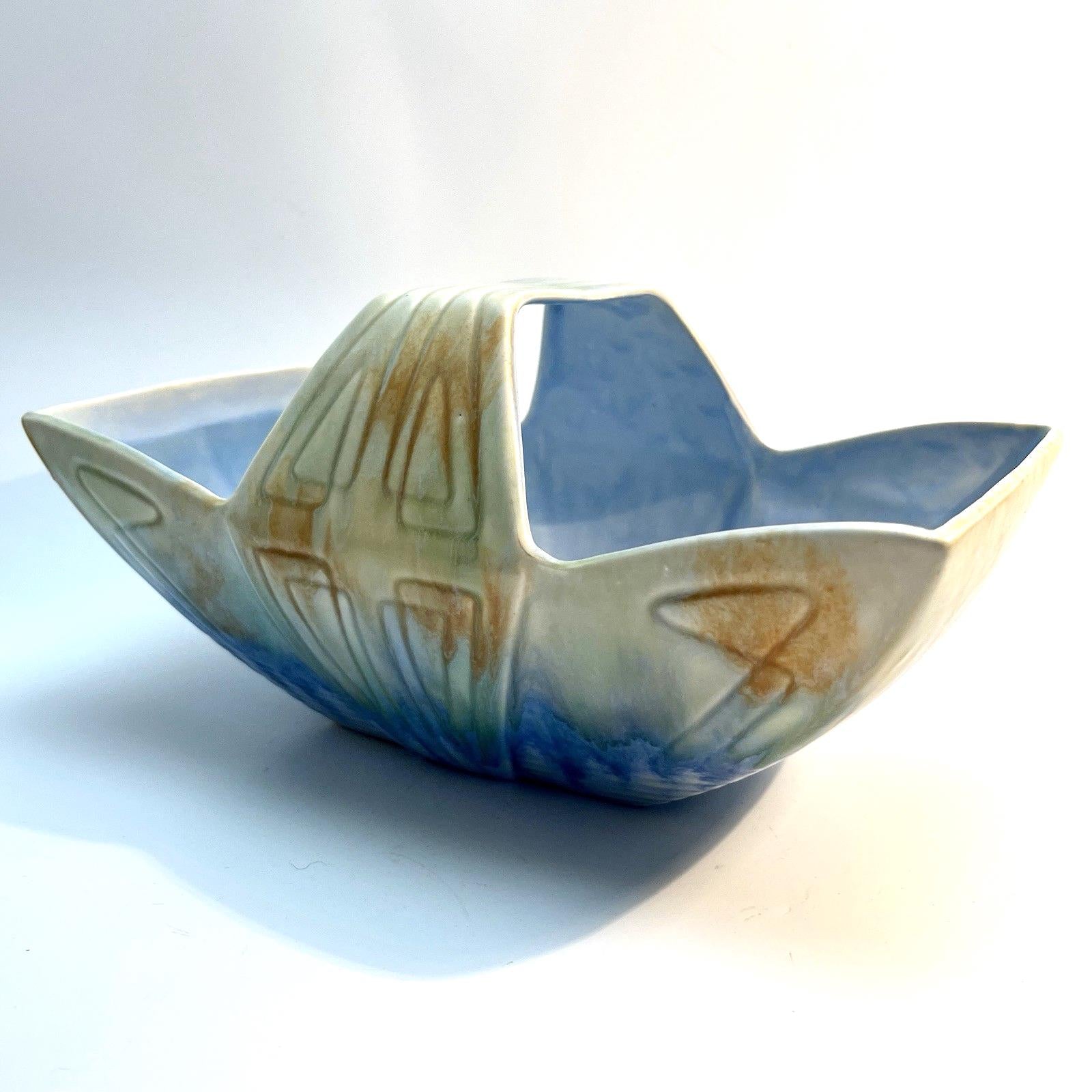 Beswick Pottery Hand Painted Basket Art Deco Number 475 in Blue & Beige Matte VGC