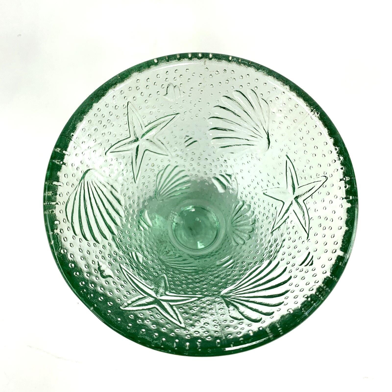 1940s Seashell & Starfish Aqua Glass Compote Dish or Decorative bowl