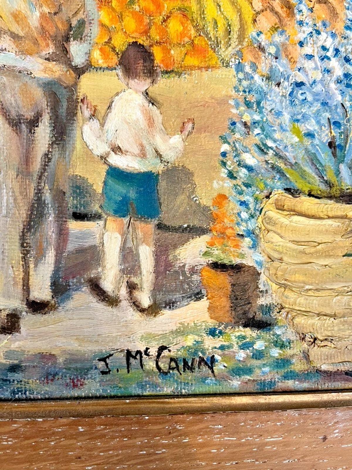 Vintage Oil Painting J McCann Market Scene Fruit Veg Stall Framed 65x57cm