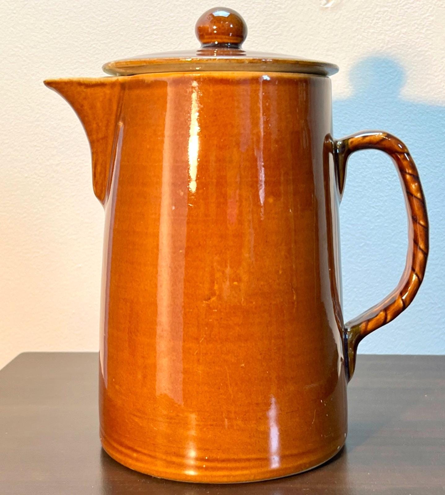 Vintage Brown Glazed Stoneware Coffee Pot with Lid – Rustic Retro Kitchenware