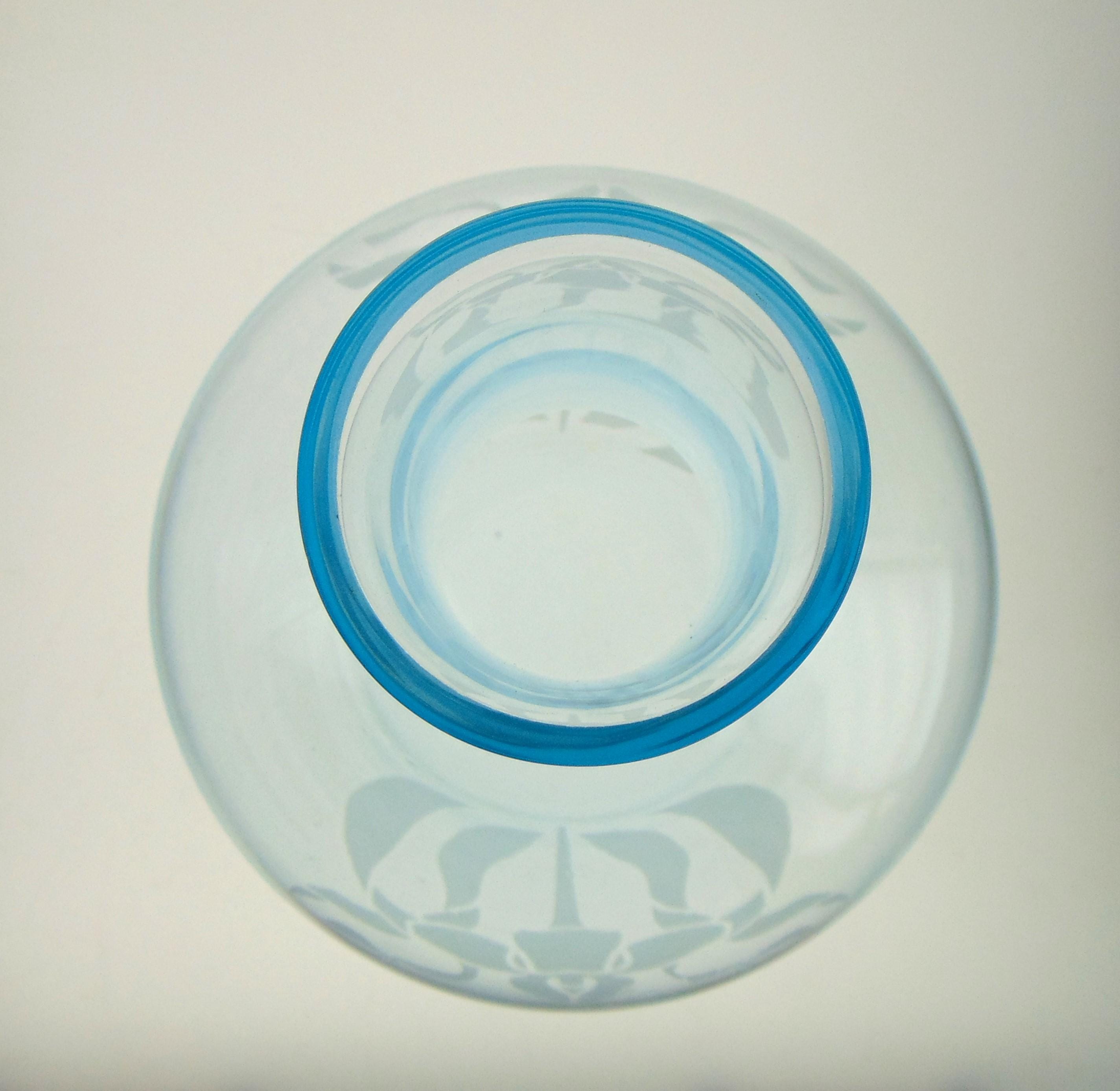 Vintage Ice Blue Glass Flower Vase: Acid Etched Floral Motif