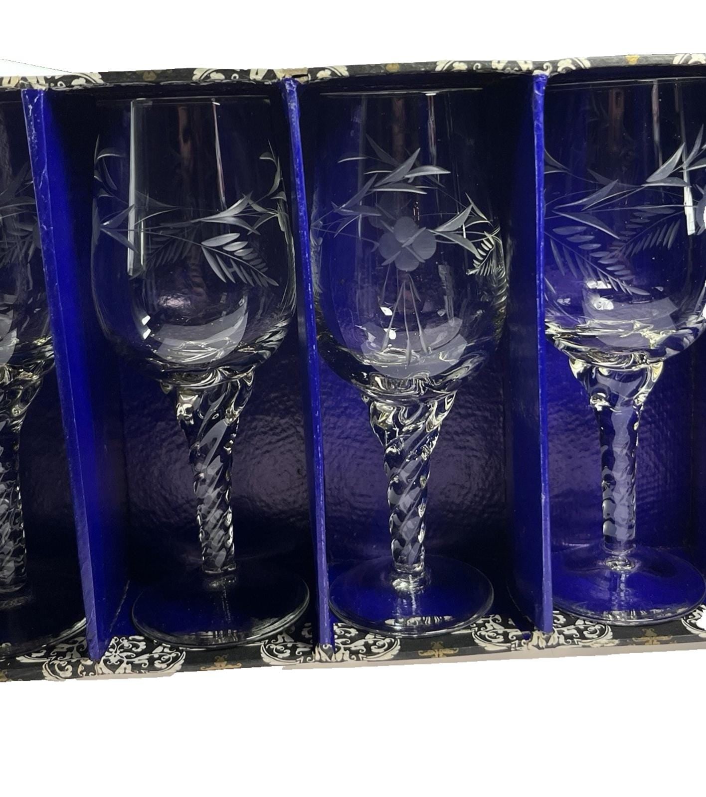 Set 6 Mid Century Etched Cordial Wine Glasses Vintage Stemmed Glassware Boxed