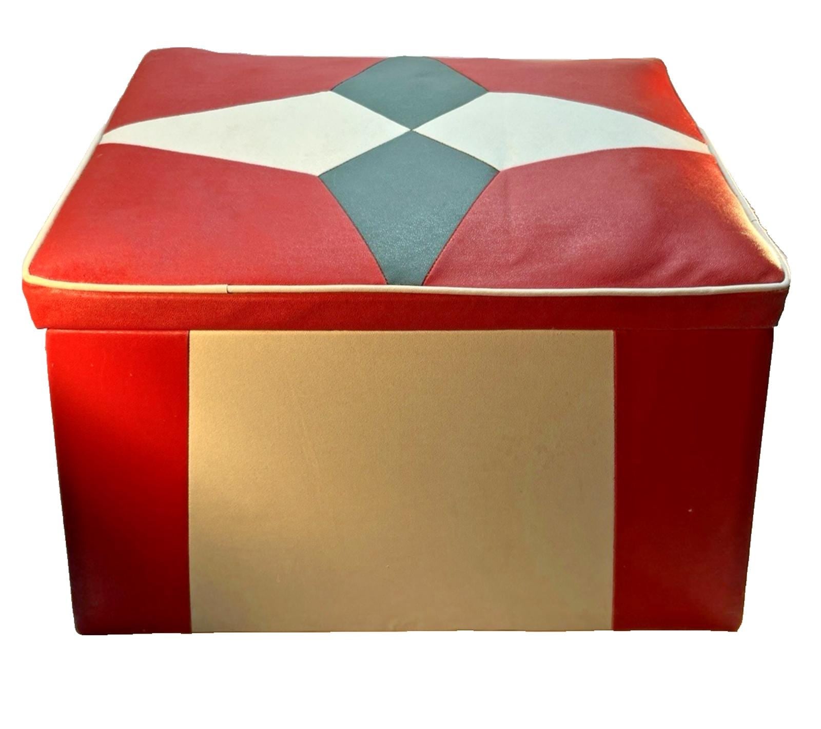 Mid Century Footstool Ottoman Stool Vinyl Red & White with Diamond Pattern Wood