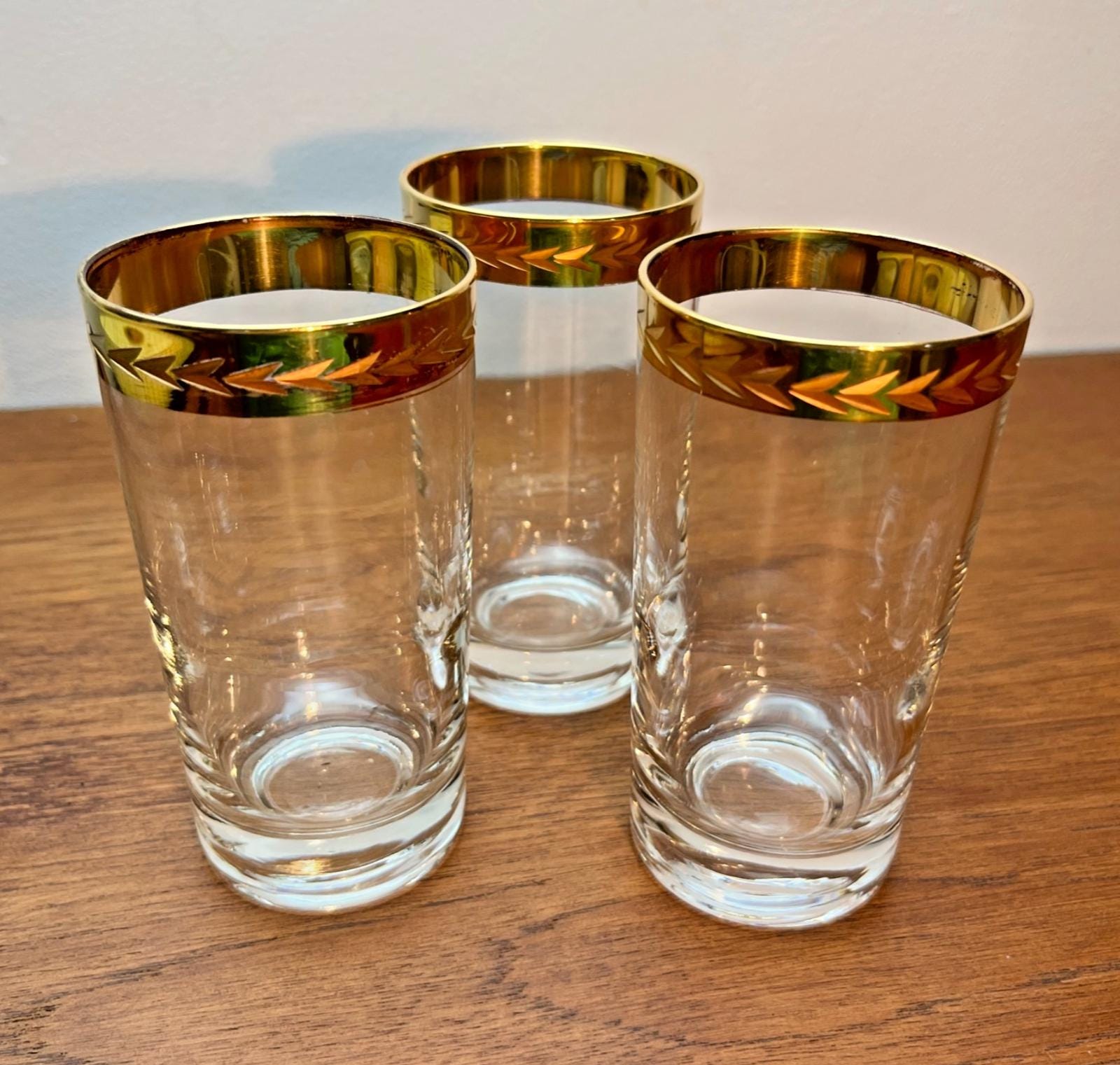 Set of 3 Vintage Retro Highball Glasses with 22ct Style Gold Rim, Barware