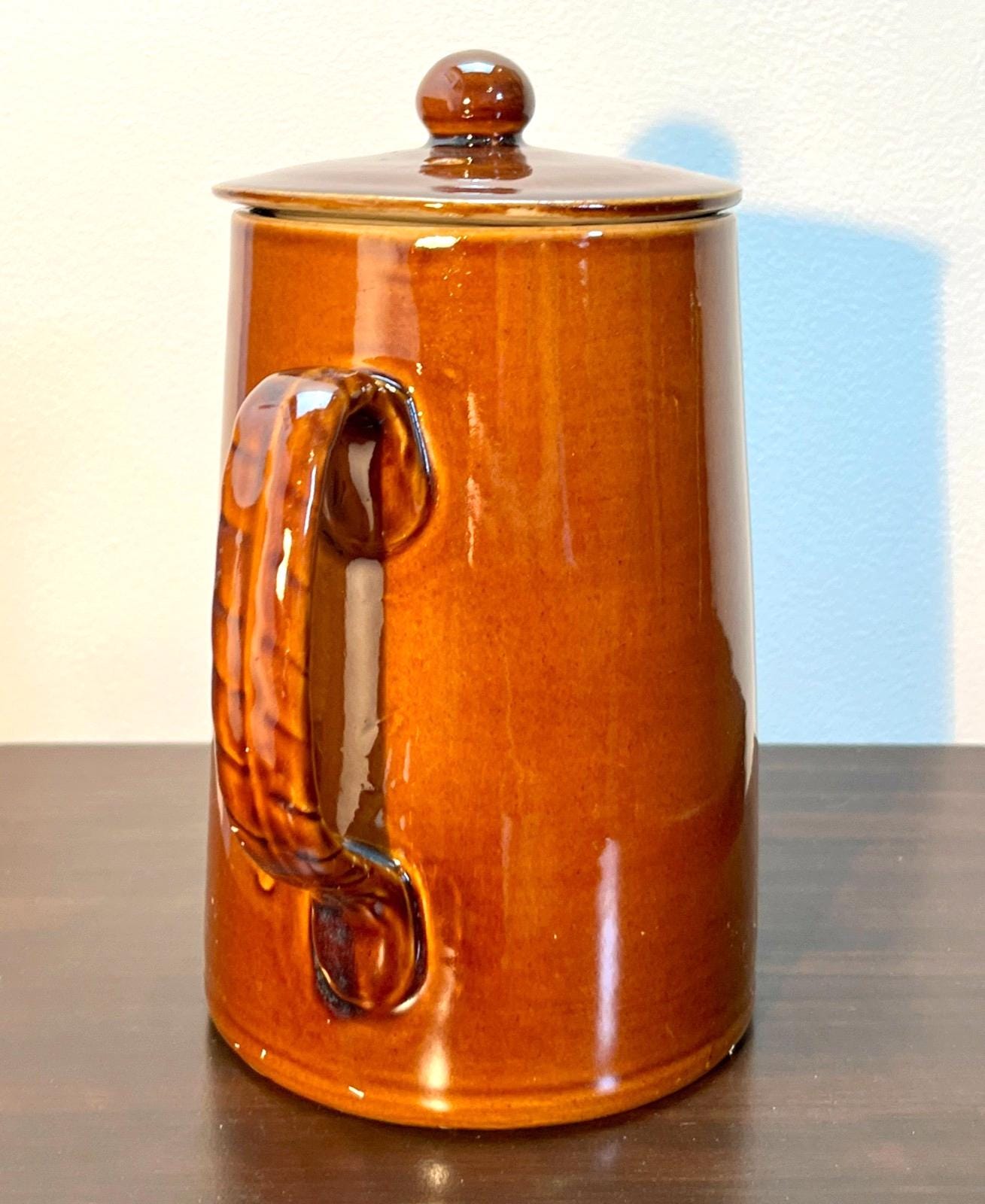 Vintage Brown Glazed Stoneware Coffee Pot with Lid – Rustic Retro Kitchenware