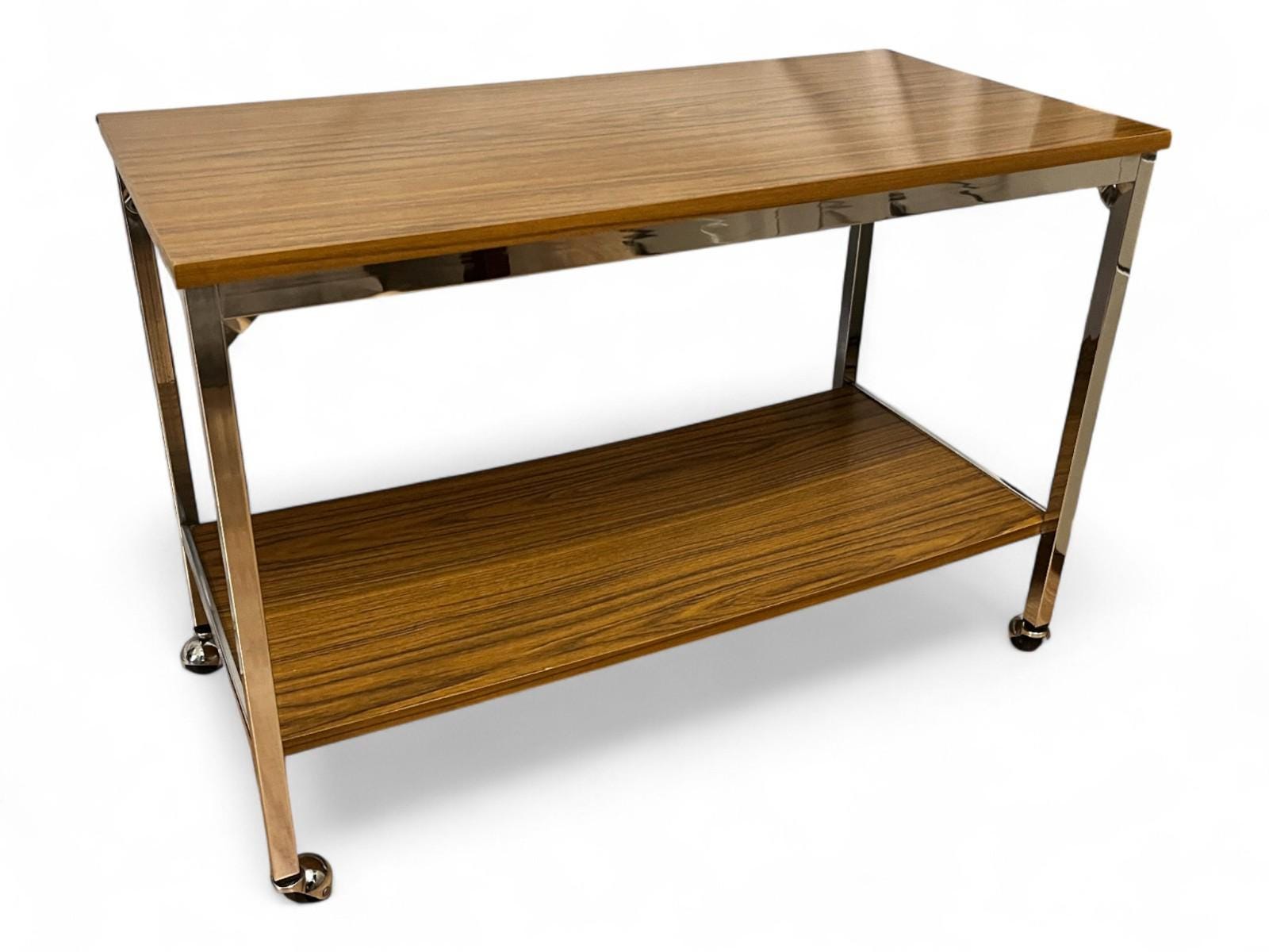 Mid Century Chrome & Teak Effect Side Table / Drinks Trolley on Castors 80cm