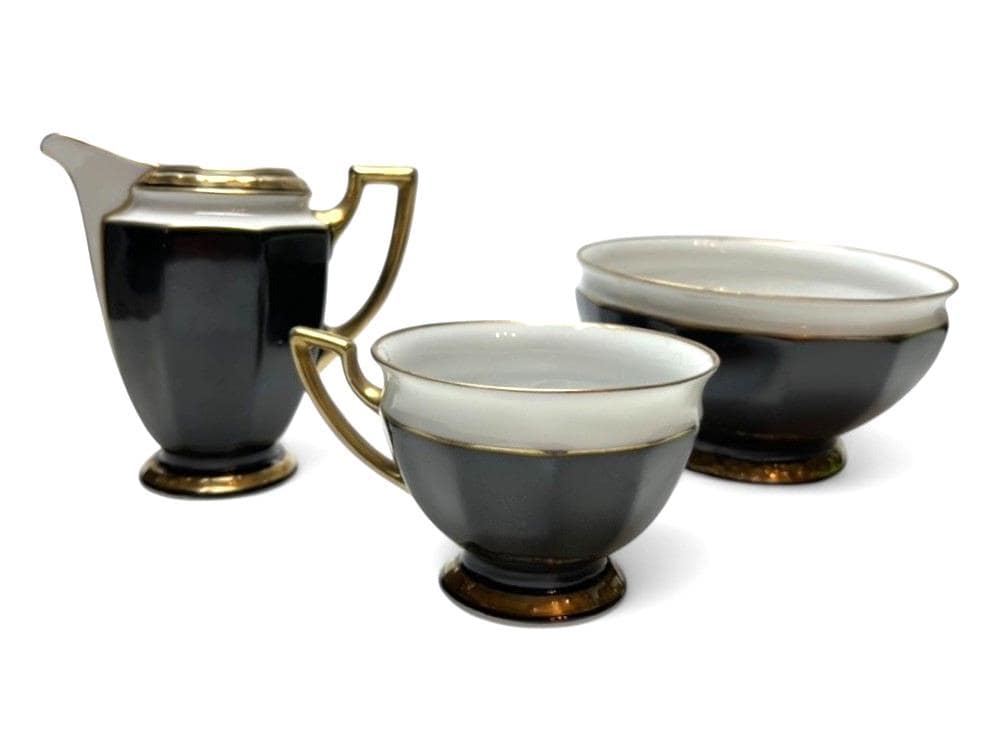 Vintage Black, White & Gold Porcelain Coffee Set Art Deco Style 7-Piece Czech