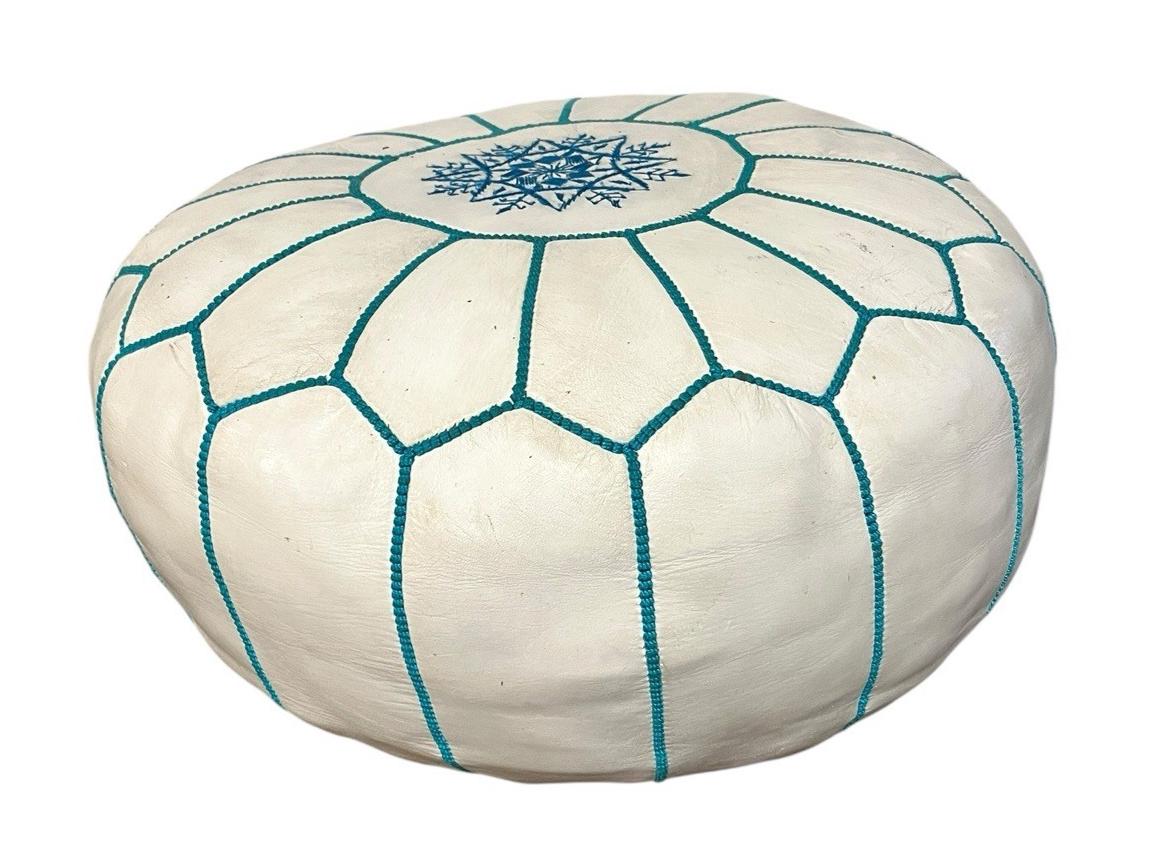 White leather moroccan pouffe 55×35 cm ottoman with turquoise stitching