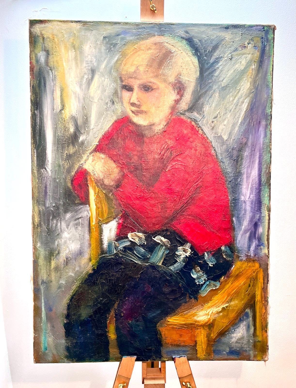 Vintage mid century oil painting child portrait boy in red sweater expressionist