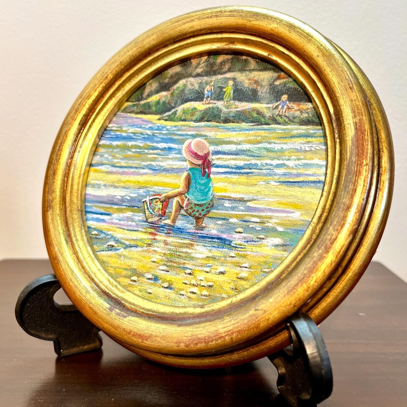 Anne Wallace Original Painting Girl at Beach Gold Frame Signed North East Artist
