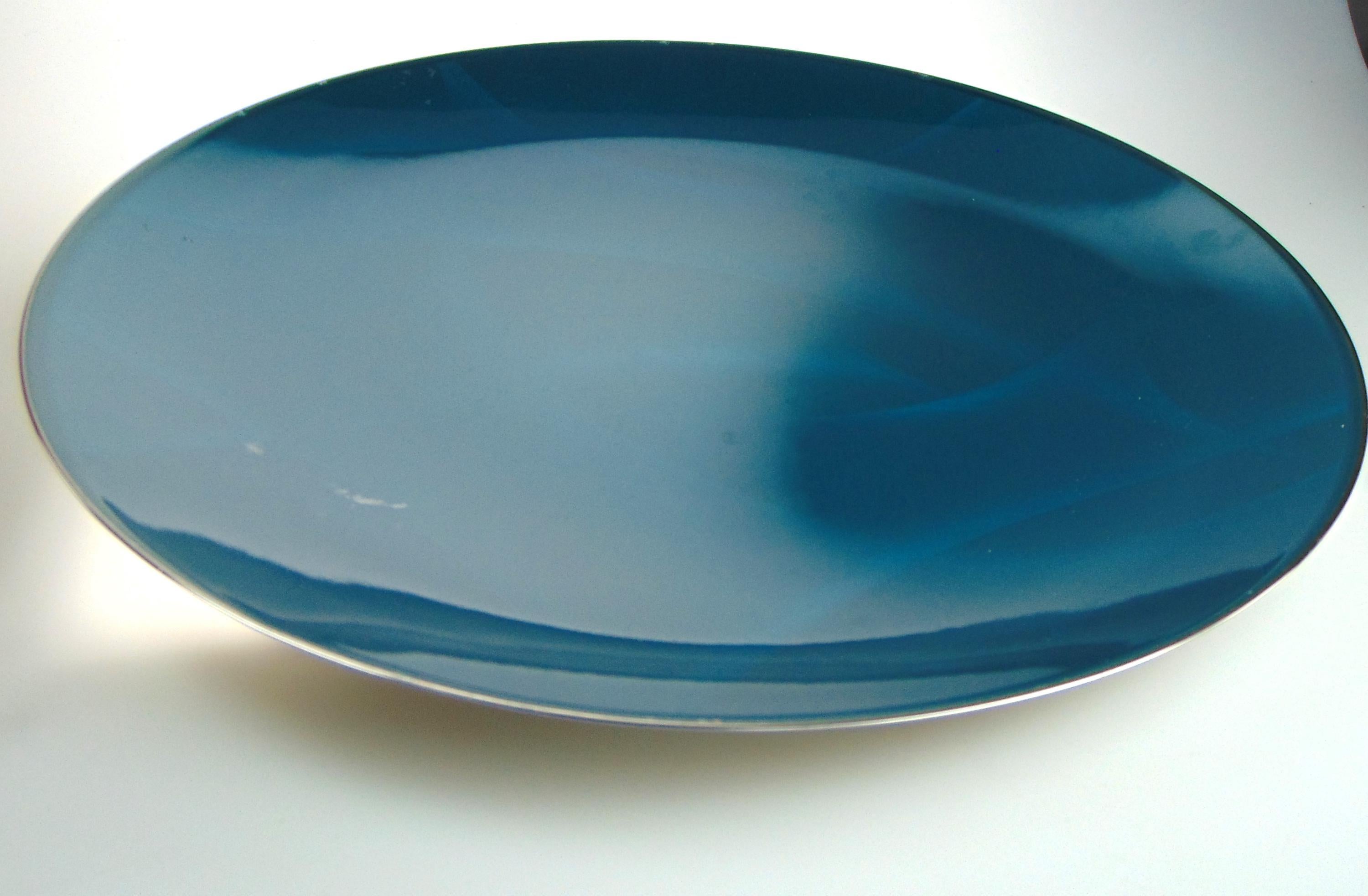 Catherineholm aqua blue enamel platter – 31cm mid century stainless steel