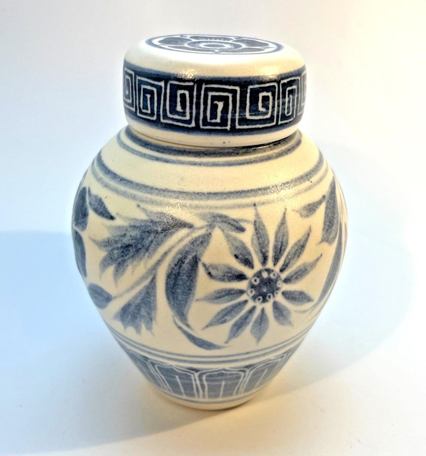 Muriel p wright pottery jar, vintage blue white salt glaze lidded signed 1970s