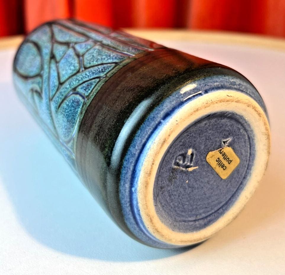 Mid Century Celtic Pottery Vase Newlyn Cornwall in Blue Medallion Pattern B89