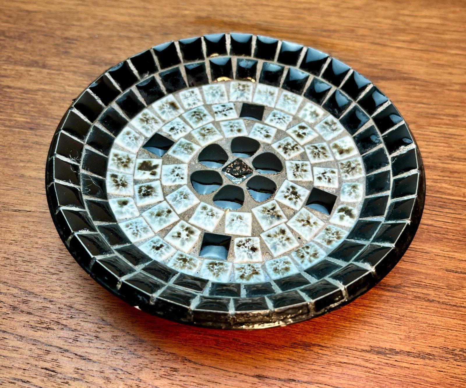 Vintage USSR Mosaic Tile Dish Black & White Circular Geometric Mid Century