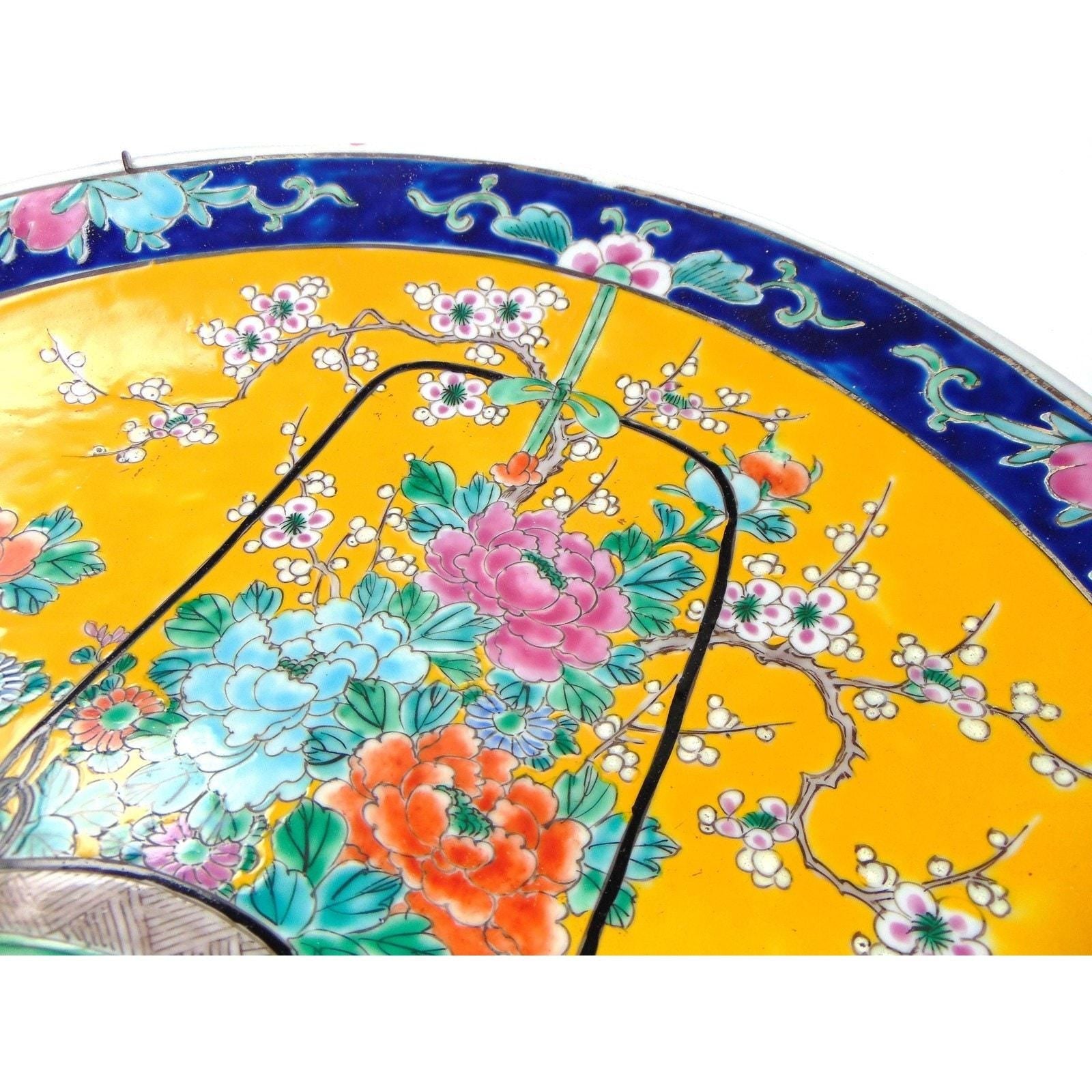 1900s Japanese Charger Plate 16 Inch. Oriental Charger in Yellow & Floral Detail