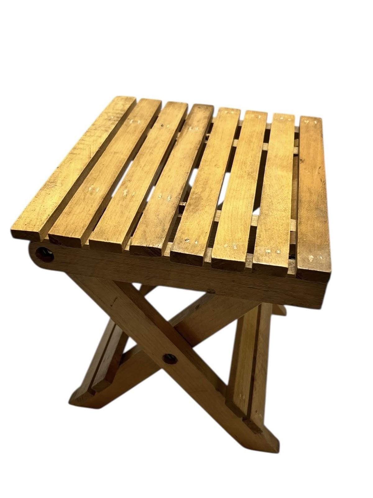 Vintage Folding Wooden Slatted Stool / Mini Table – Compact Portable Seat