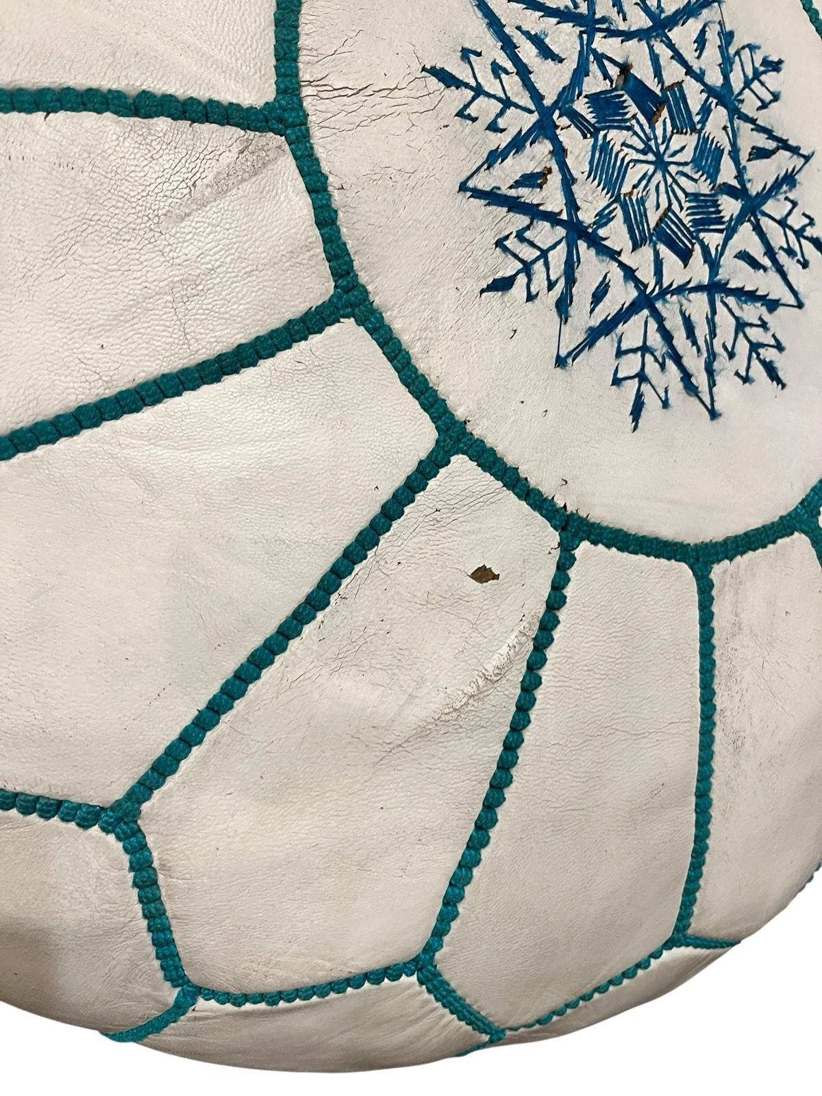 White leather moroccan pouffe 55×35 cm ottoman with turquoise stitching
