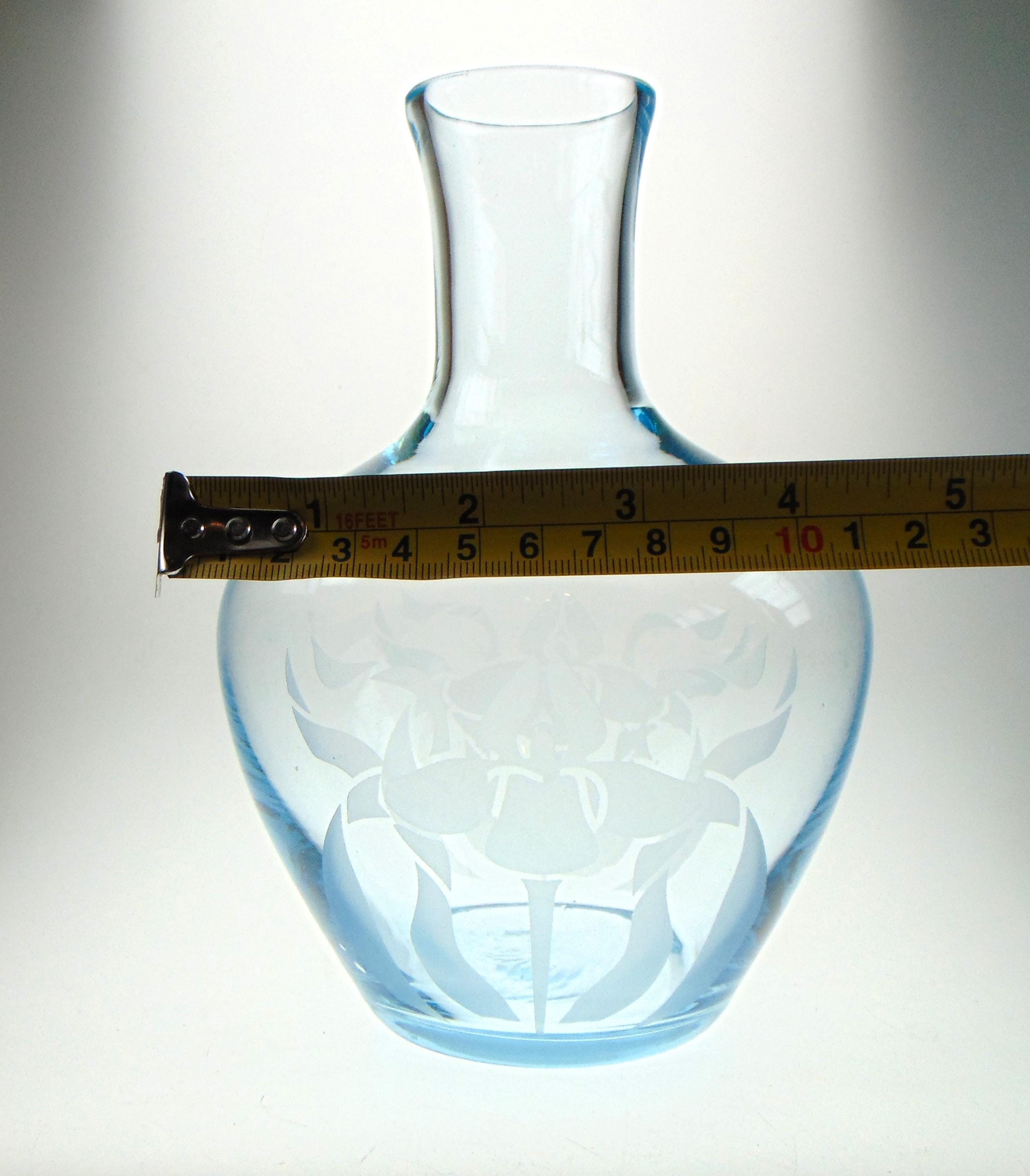 Vintage Ice Blue Glass Flower Vase: Acid Etched Floral Motif
