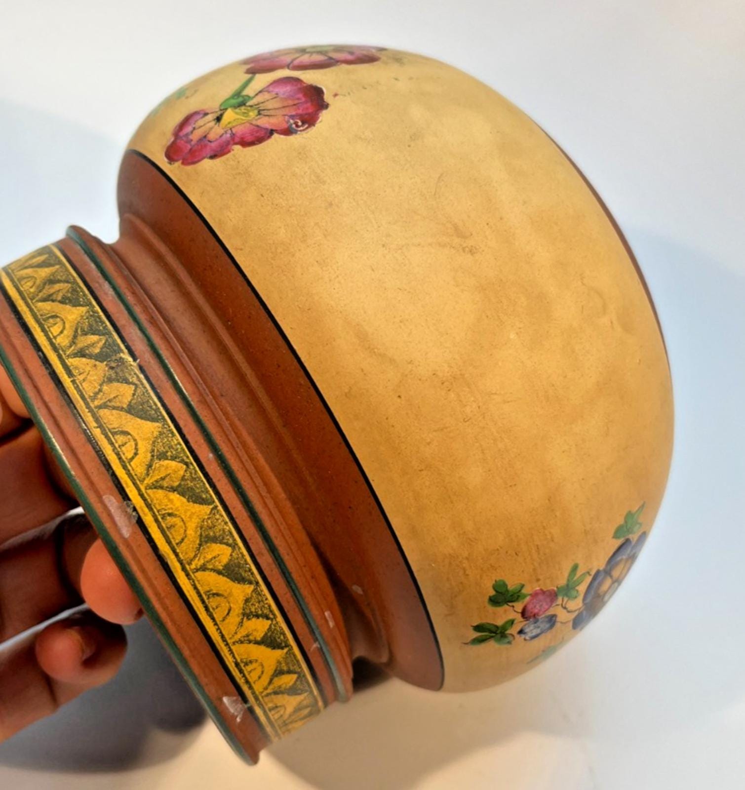 Vintage Pottery Tobacco Jar Handmade Terracotta Hand Painted Tobacciana
