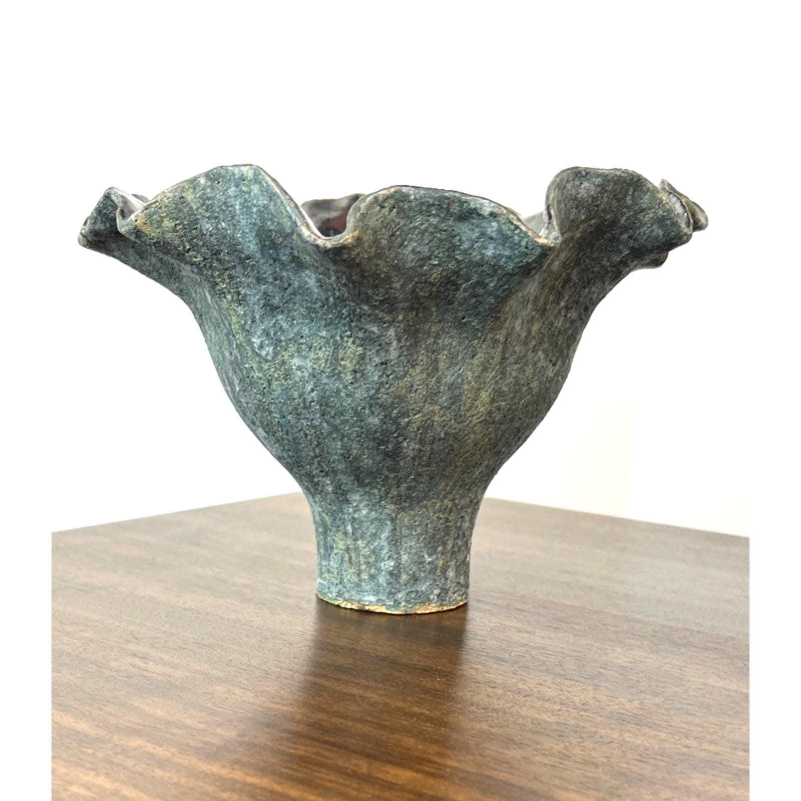 Signed handmade ikebana vase, vintage green handkerchief pottery, art sculpture