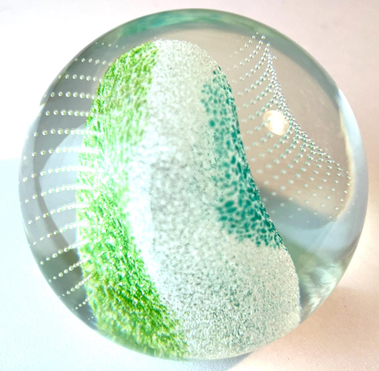 Caithness Glass Paperweight. Green & Clear, Controlled Bubble Art Glass with Box