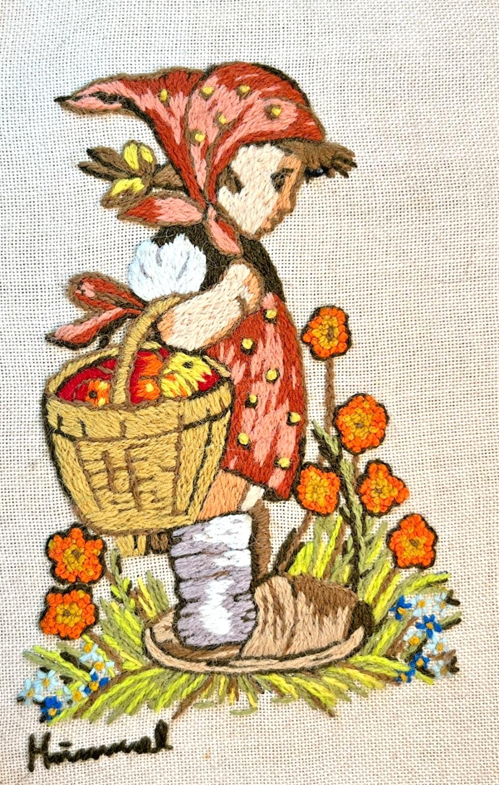 1970s Hummel Embroidery Framed Pictures. Vintage Needlepoint, German Wall Art