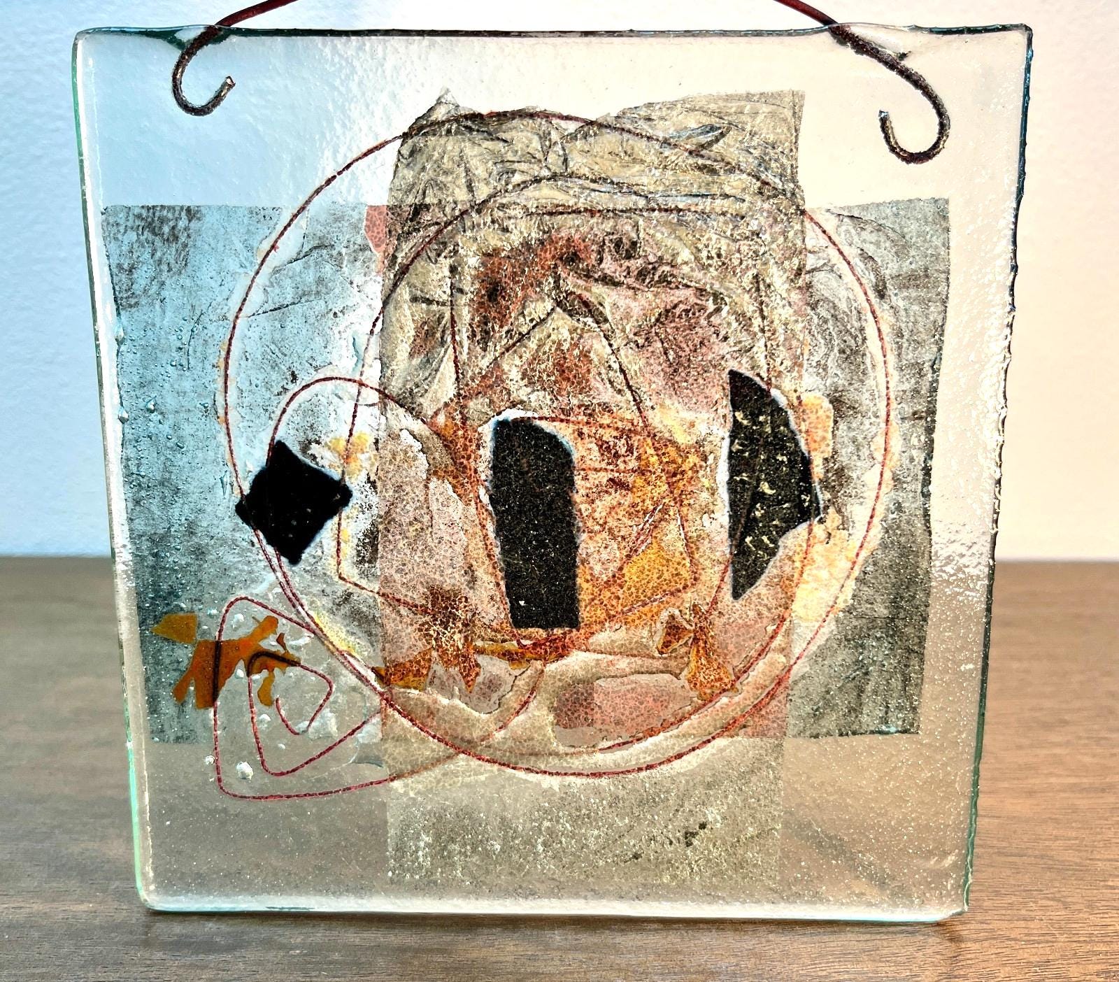 Vintage Abstract Fused Glass Art Panel Hanging Modernist Studio Glass 20cm
