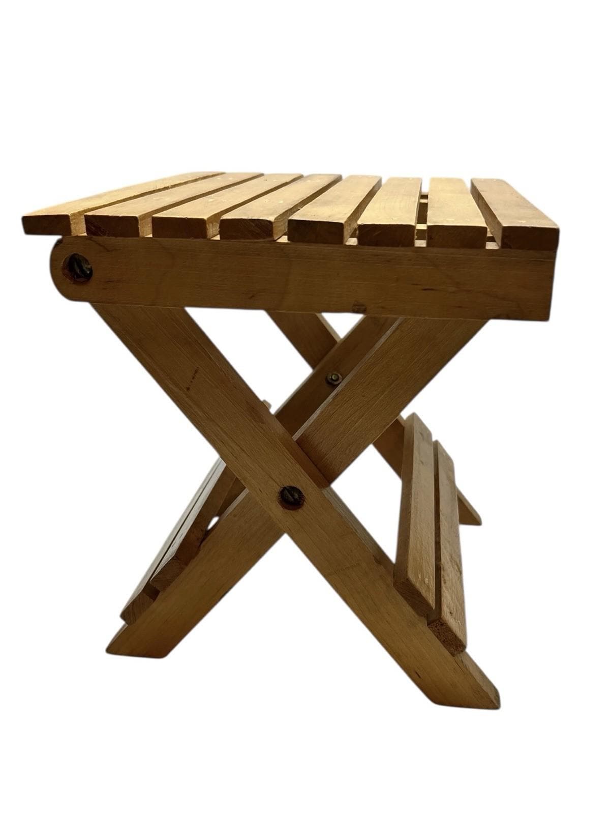 Vintage Folding Wooden Slatted Stool / Mini Table – Compact Portable Seat