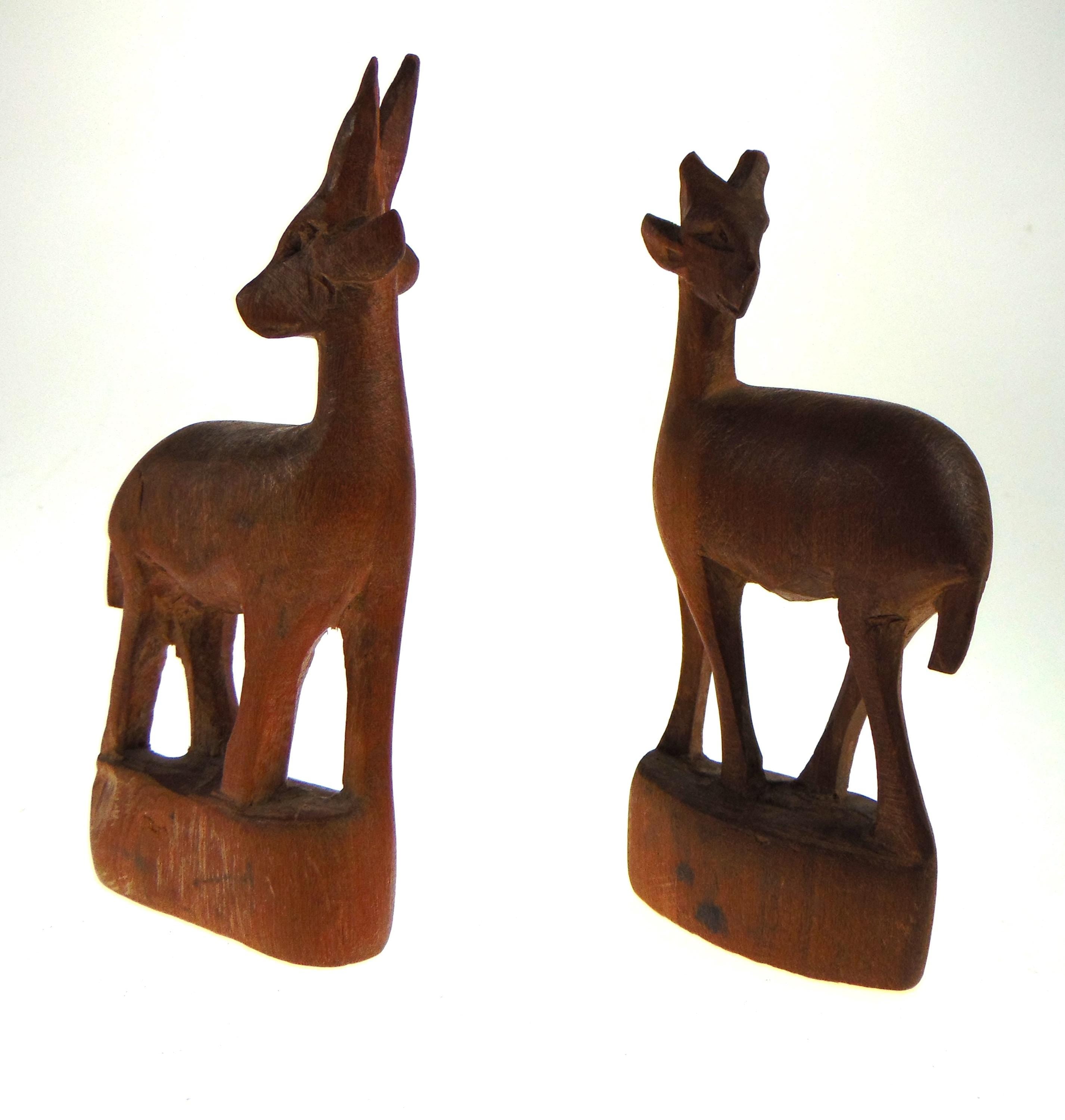 Vintage African Wood Carved Antelope Pair: Mid-Century Animal Decor