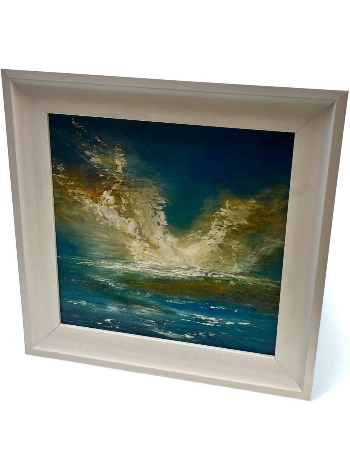 Abstract seascape oil painting signed by artist coastal scene framed 34x34cm