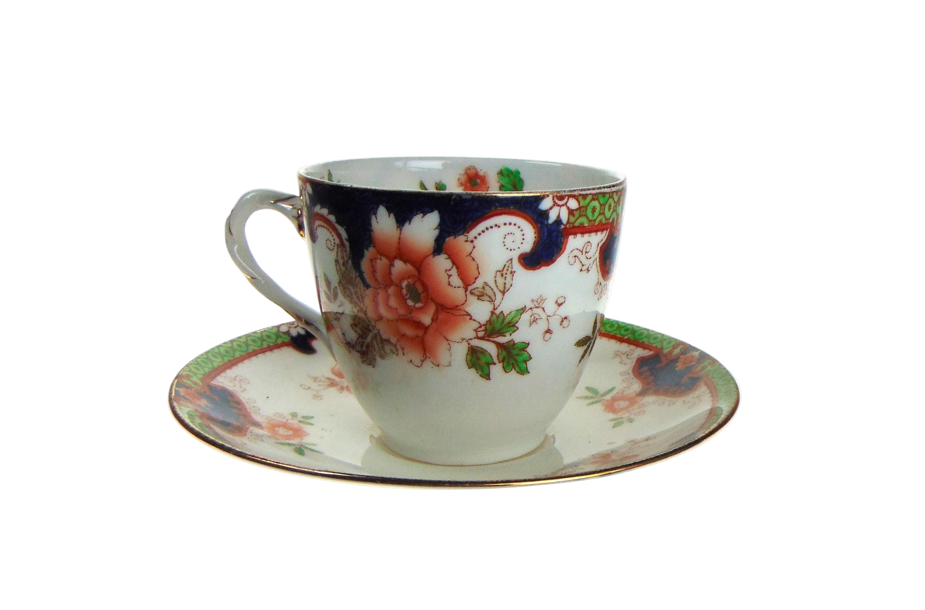 Royal Doulton Teacup and Saucer: Antique English Bone China, Imari Floral