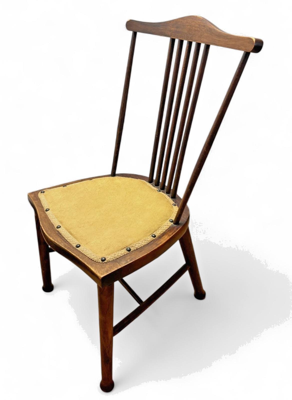 Antique Edwardian Wooden Chair with Spindle Back & Upholstered Seat in Gold