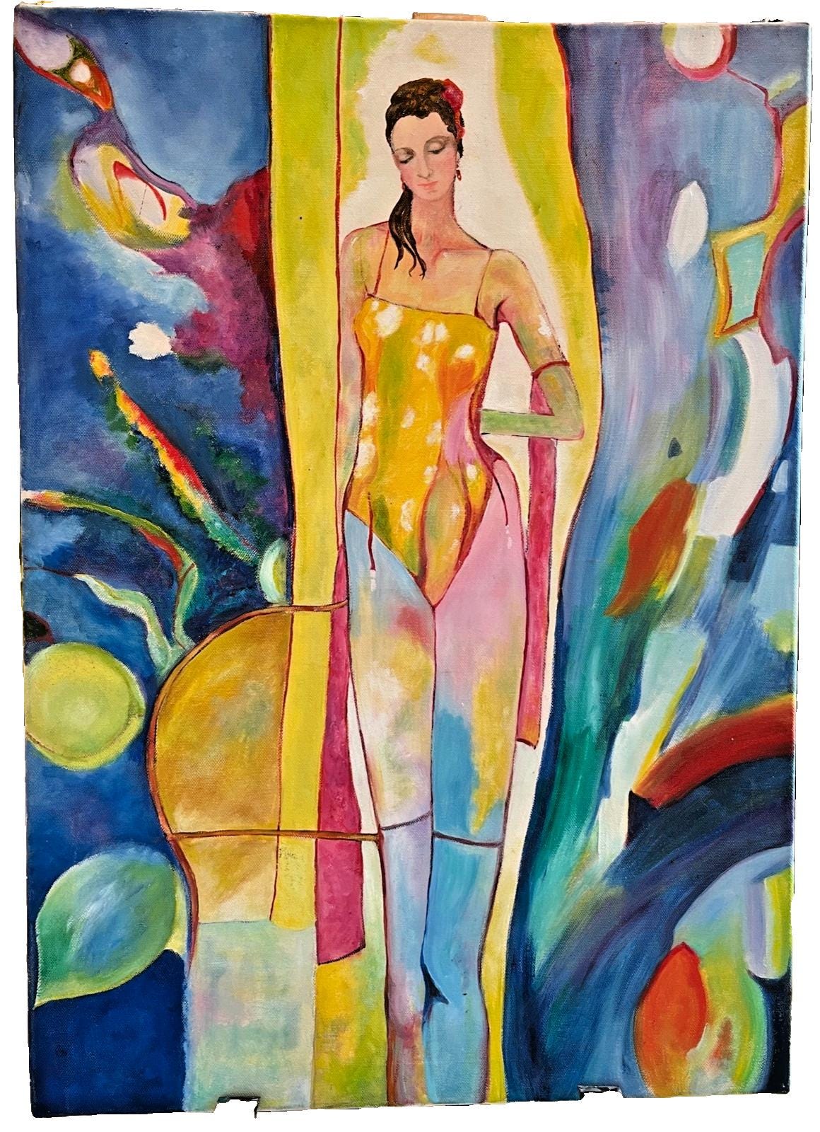 Abstract Acrylic on Canvas Painting of Woman Brightly Painted Woman in Underwear