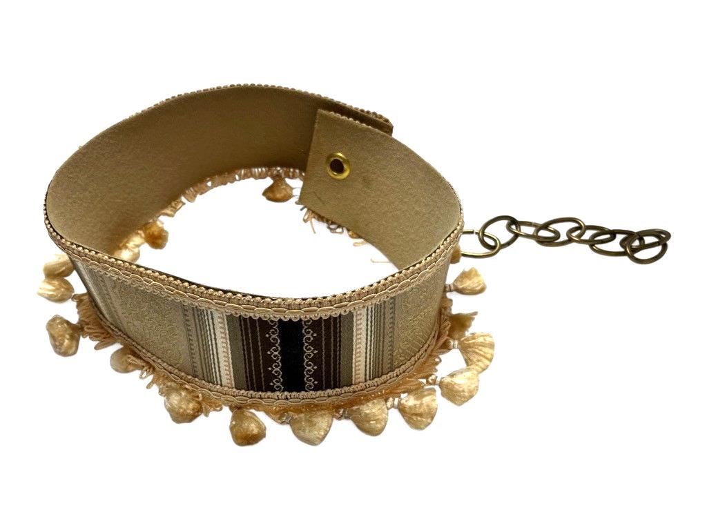 2 Pairs Mid Century Curtain Tie Backs Gold & Brown Fabric with Tassels and Chain