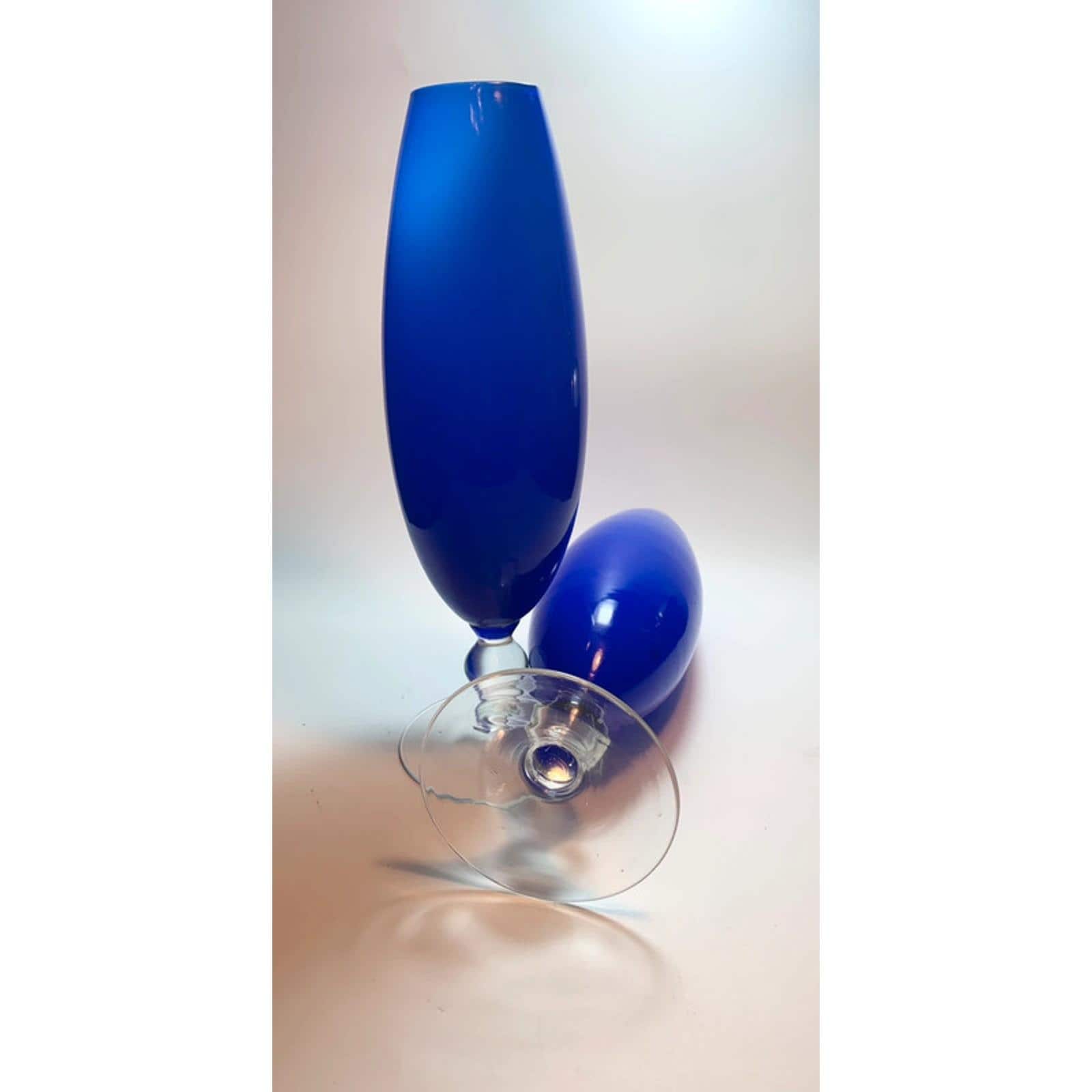 Pair of Mid Century Cobalt Blue Glass Bullet Vases White Interior Torpedo Vases