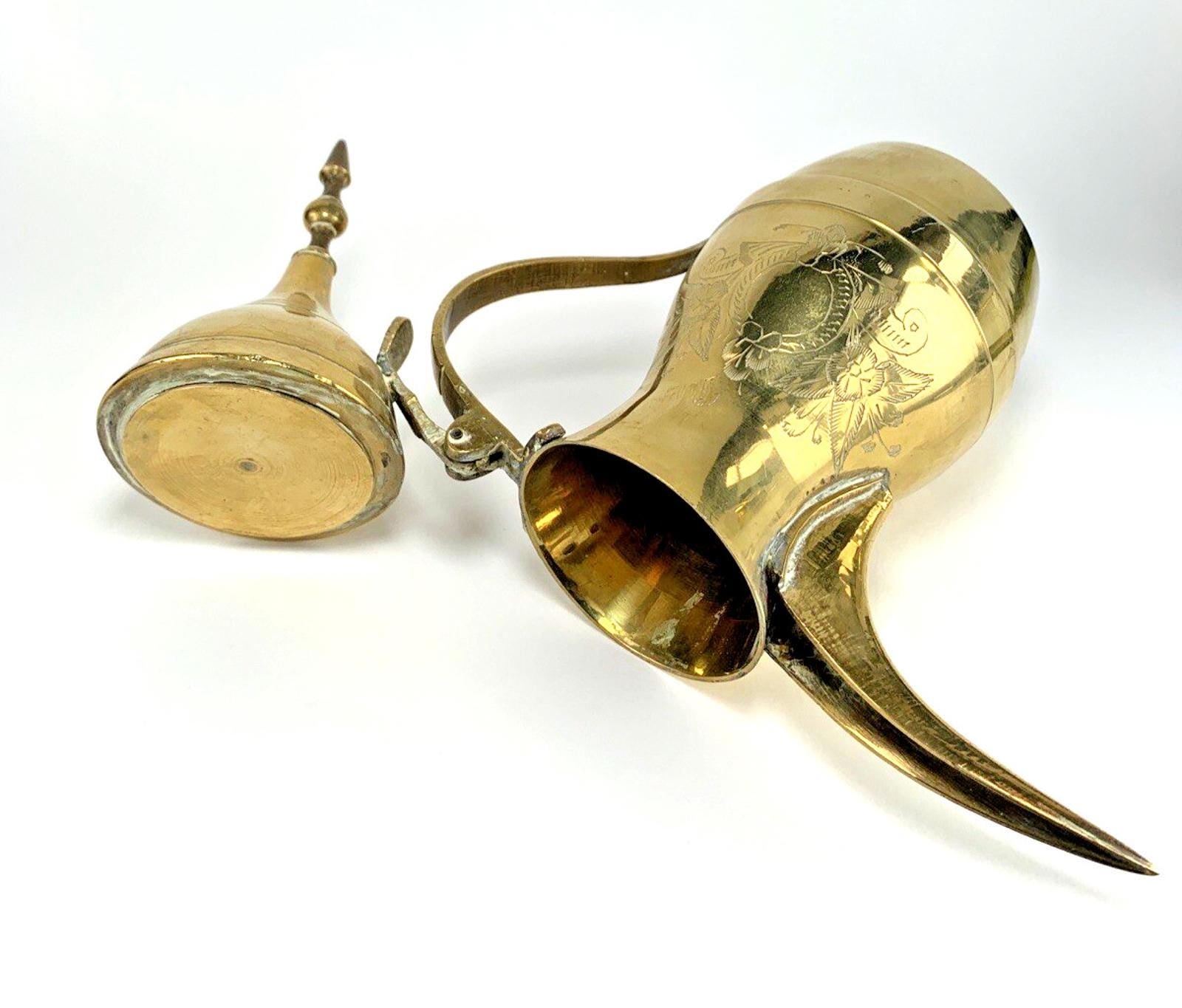 Antique Brass Coffee Pot: Middle Eastern Engraved Pitcher