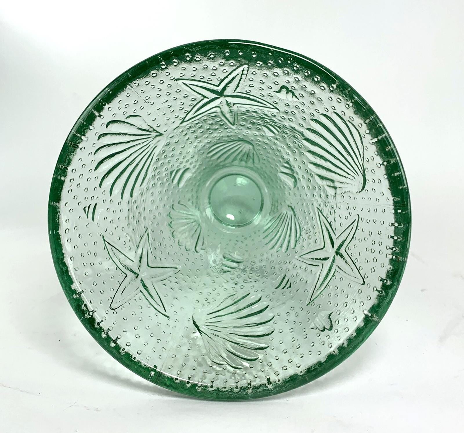 1940s Seashell & Starfish Aqua Glass Compote Dish or Decorative bowl