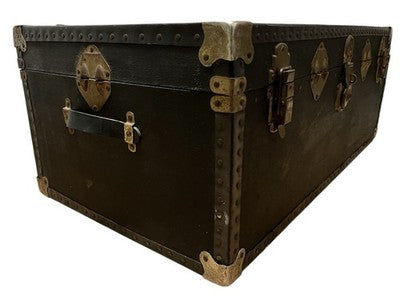 Vintage Black Steamer Trunk with Brass Hardware & Checked Interior