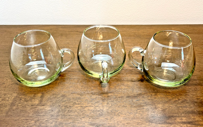 Mid Century Spanish Hand Blown Glass Mugs Set of 6 Green Tint 1960s