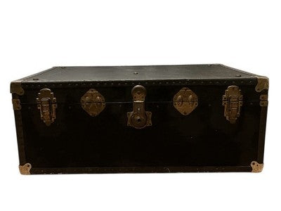 Vintage Black Steamer Trunk with Brass Hardware & Checked Interior