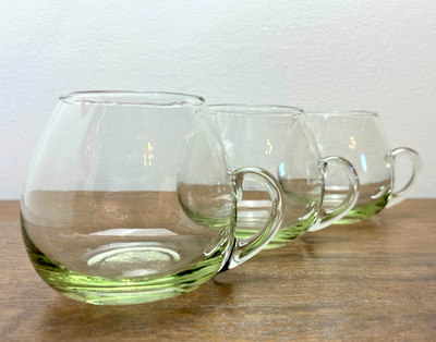 Mid Century Spanish Hand Blown Glass Mugs Set of 6 Green Tint 1960s