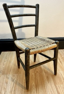 Antique Child’s Ladder Back Chair with Woven Rush Seat Rustic Farmhouse Nursery