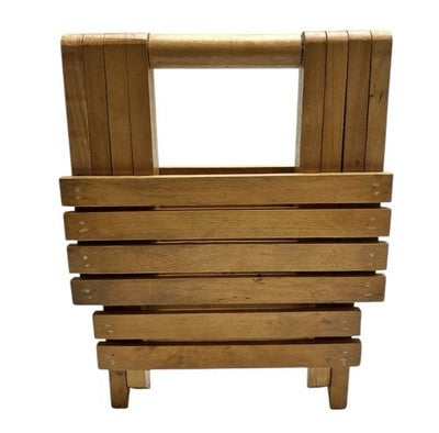 Vintage Folding Wooden Slatted Stool / Mini Table – Compact Portable Seat