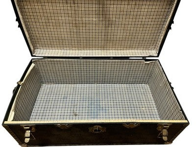 Vintage Black Steamer Trunk with Brass Hardware & Checked Interior