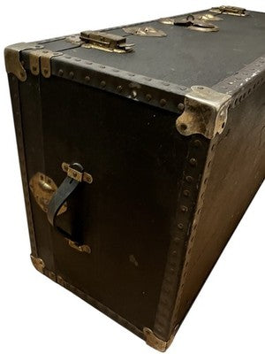 Vintage Black Steamer Trunk with Brass Hardware & Checked Interior