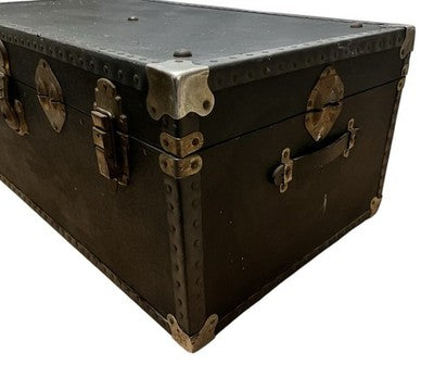 Vintage Black Steamer Trunk with Brass Hardware & Checked Interior