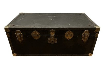 Vintage Black Steamer Trunk with Brass Hardware & Checked Interior