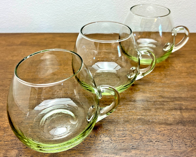 Mid Century Spanish Hand Blown Glass Mugs Set of 6 Green Tint 1960s